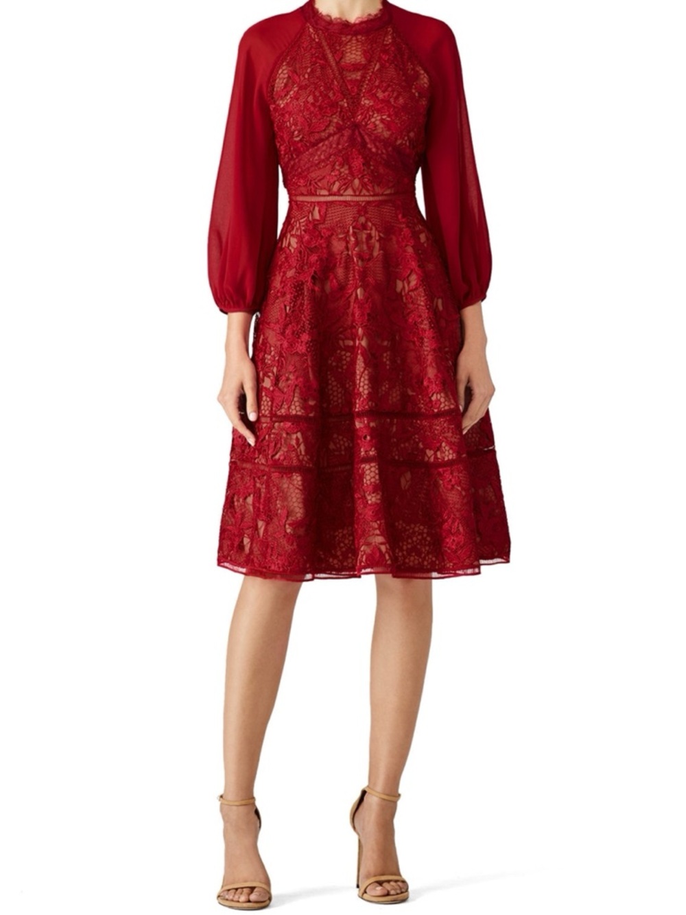 MARCHESA NOTTE Red Guipure Lace Floral Fit-and-Flare Midi Dress Size 10